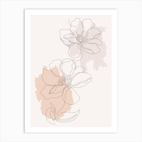 Minimal Line Art Flowers and Watercolor Backdrop Art Print