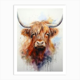 Paint Dripping Watercolour Of Highland Cow Art Print