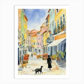 Food Market With Cats In Lisbon 2 Watercolour Art Print