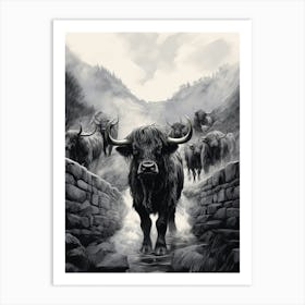 Black & White Illustration Of Highland Cow With A Brick Wall Art Print