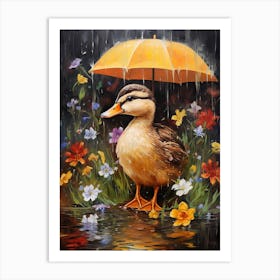 Duck With An Umbrella & Flowers Painting 3 Art Print