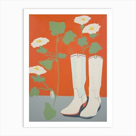 A Painting Of Cowboy Boots With White Flowers, Pop Art Style 1 Art Print
