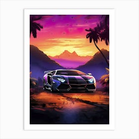 Synthwave aesthetic sport car with palms [synthwave/vaporwave/cyberpunk] — aesthetic poster, retrowave poster, vaporwave poster, neon poster Art Print