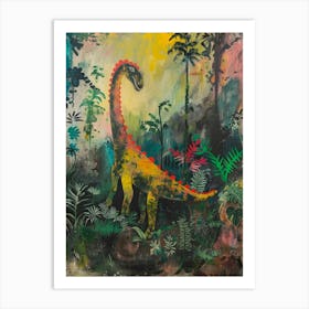 Colourful Dinosaur In The Leaves Painting 3 Art Print