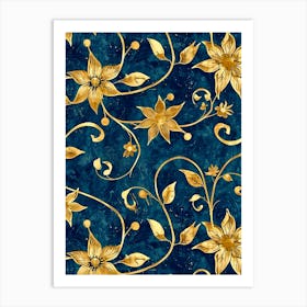 Golden Flowers On A Blue Background Inspired By William Morris Art Print