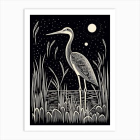 B&W Bird Linocut Stork 2 Art Print
