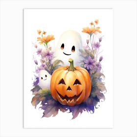 Cute Ghost With Pumpkins Halloween Watercolour 68 Art Print