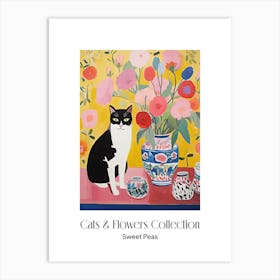 Cats & Flowers Collection Sweet Pea Flower Vase And A Cat, A Painting In The Style Of Matisse 1 Art Print