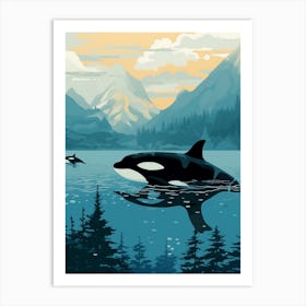 Block Colour Orca Whale And Calf Swimming Art Print
