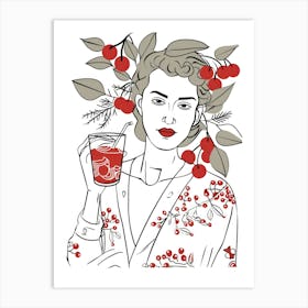 Woman Portrait With Cherries 6 Pattern Art Print