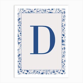 Letter D Monogram Initial Blue Art Print