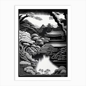 Ginkaku Ji, Japan Linocut Black And White Vintage Art Print