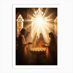 Candlelight Vigil During Spiritual Celebration Rays Of Soft Golden Light Breaking Through Stained G (7) Art Print