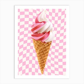 Ice Cream Cone On A Checkered Background Print Art Print