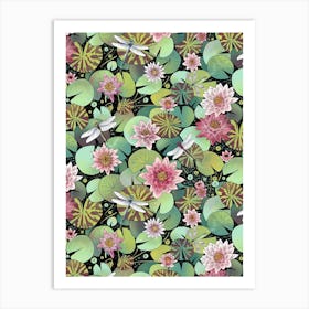 Waterlily Pond And Dragonflies Art Print