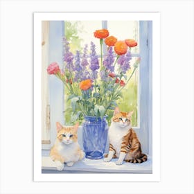 Cat With Gladiolus Flowers Watercolor Mothers Day Valentines 1 Art Print