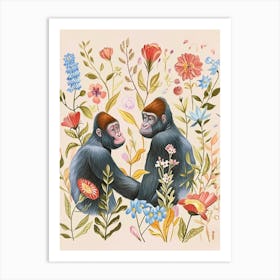 Folksy Floral Animal Drawing Gorilla 4 Art Print