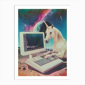Retro Unicorn In Space With A Computer Retro Collage 2 Art Print