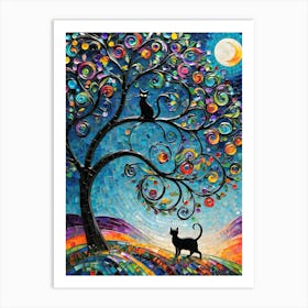 Hello Friend - Beautiful Rainbow Mosiac of Whimsical Black Cats Watching the Full Moon Whimsy Kitty Art for Cat Lover, Cat Lady, Chakra Pride Pagan Witch Colorful HD Art Print