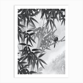 black and white art bamboo tree and bird 1 Art Print