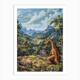 Dinosaur Playing Video Games In The Wild Painting Art Print