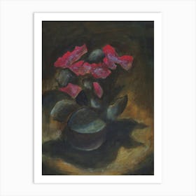 House Plant With Red Flowers - classical figurative hand painted acrtlic floral vertical dark living room bedroom Art Print