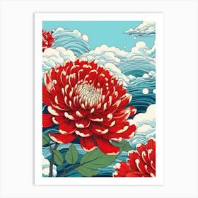 Great Wave With Zinnia Flower Drawing In The Style Of Ukiyo E 3 Art Print