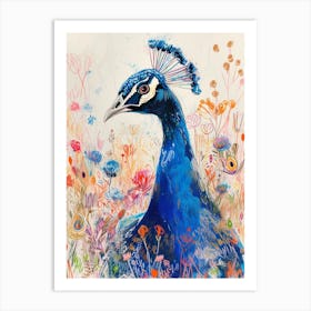 Peacock In The Meadow Scribble Portrait Art Print