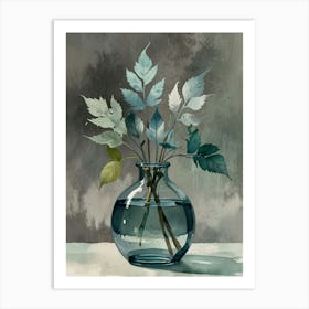 Blue Vase With Leaves Art Print