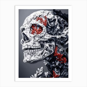 Skull With Red Flowers Art Print