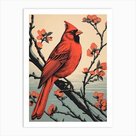 Vintage Bird Linocut Northern Cardinal 1 Art Print