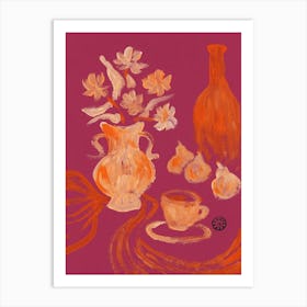 Flowers On Mauve - red orange beige vertical hand painted still life kitchen art bottle fruits Art Print