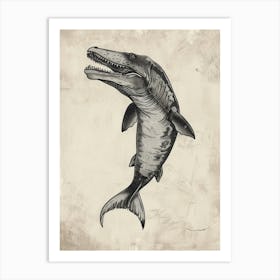 Dinosaur Shark Black Line Illustration Art Print