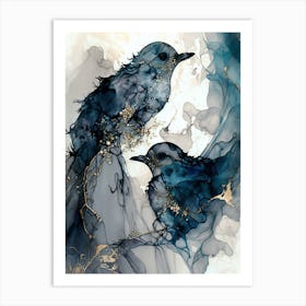 Two Birds With Blue Feathers Abstract Art Print