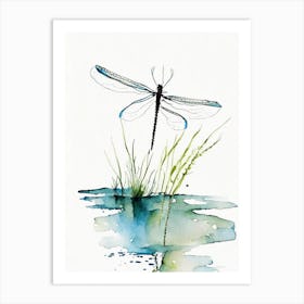 Dragonfly On Pond Minimalist Watercolour 1 Art Print