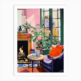 Room With A Fireplace. Gouache Interior Painting Art Print