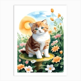 Cute Kitten And Flowers Watercolor 5 Art Print