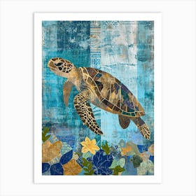 Blue Sea Turtle Exploring The Ocean Collage 1 Art Print