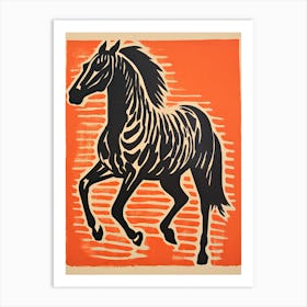 Black Horse, Woodblock Animal  Drawing 7 Art Print
