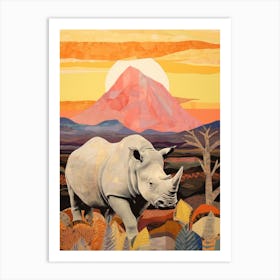 Rhino At Sunrise Collage Style 1 Art Print