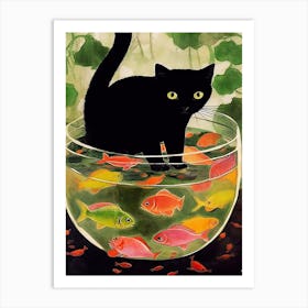 A Black Cat And Goldfish In A Bowl Illustration Matisse Style 3 Art Print