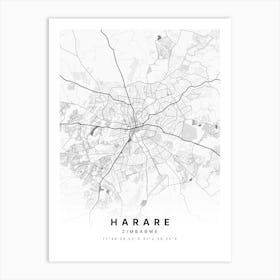 Harare Zimbabwe White Map Art Print