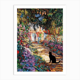 Black Cat Claude Monet Fine Art Print of Garden Path at Giverny, 1902 - Belvedere Museum Vienna Austria in HD for Feature Wall Decor - Fully Restored High Definition with Added Funny Famous Cat Art Print