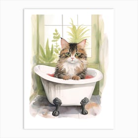 Norwegian Forest Cat In Bathtub Botanical Bathroom 5 Art Print