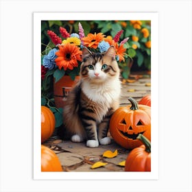 Cat In Front Of Pumpkins Art Print