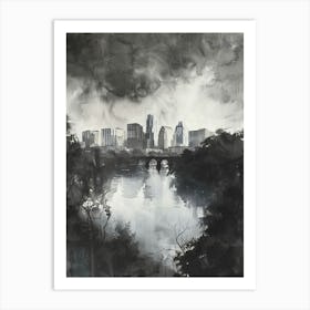 Skyline Austin Texas Black And White Watercolour 1 Art Print