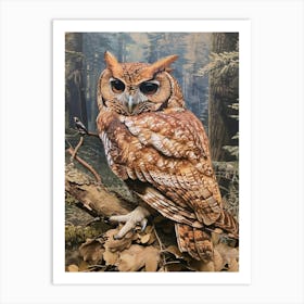 Collared Scops Owl Relief Illustration 2 Art Print