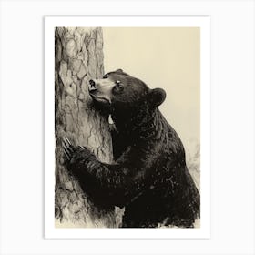 Malayan Sun Bear Scratching Its Back Against A Tree Ink Illustration 3 Art Print