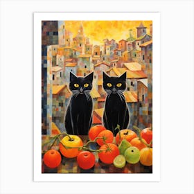 Black Cats With Fruit In Front Of A City From The Middle Ages Art Print