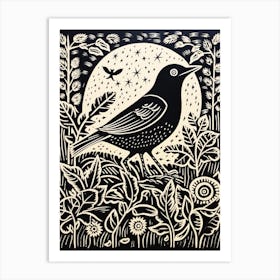 B&W Bird Linocut Blackbird 3 Art Print